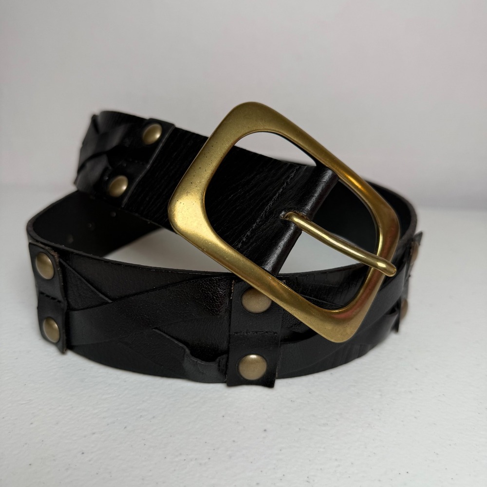 Linea Pelle Black Genuine Leather Stud Belt LPWD06508 Medium